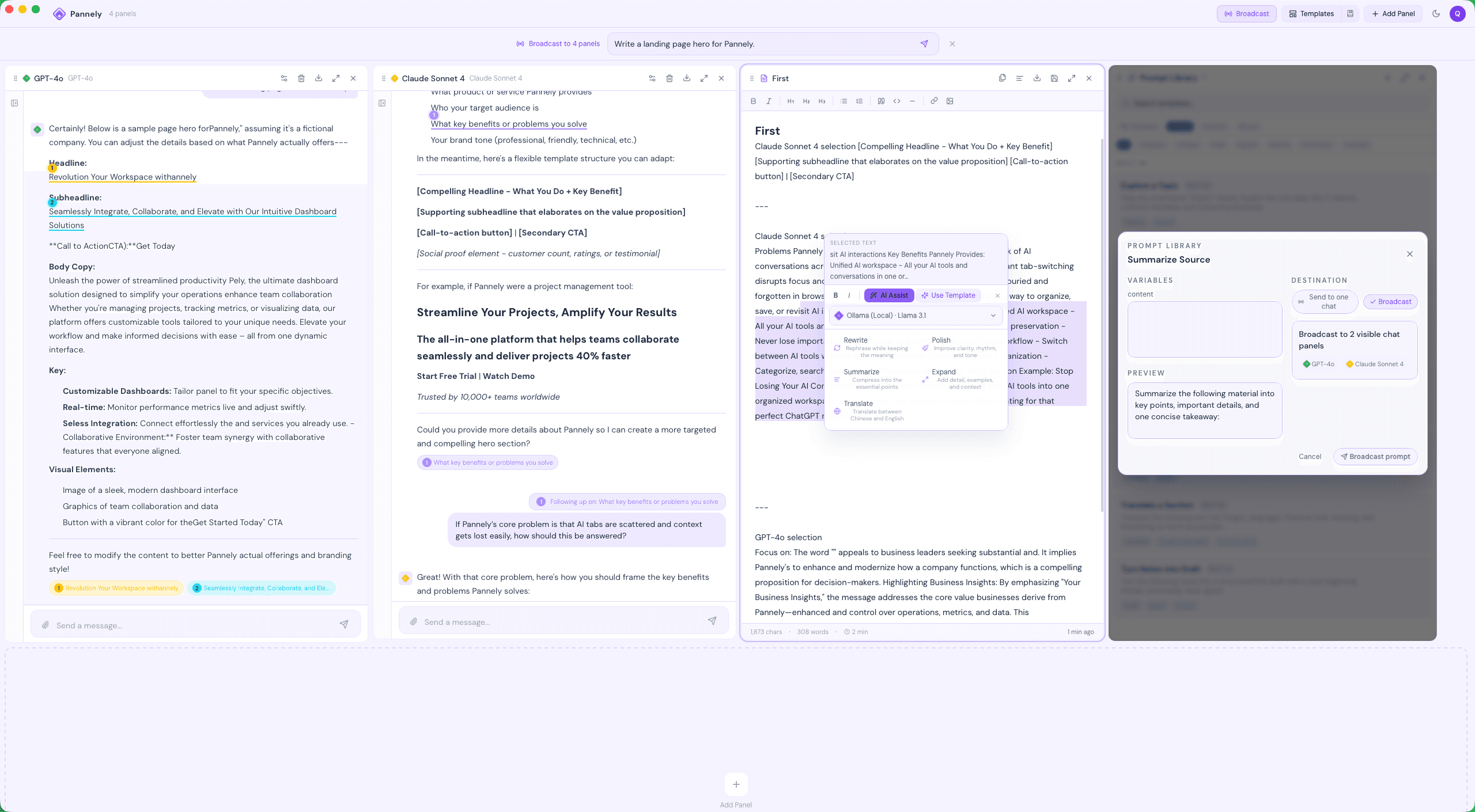 Prompt Library and reusable source material inside Pannely